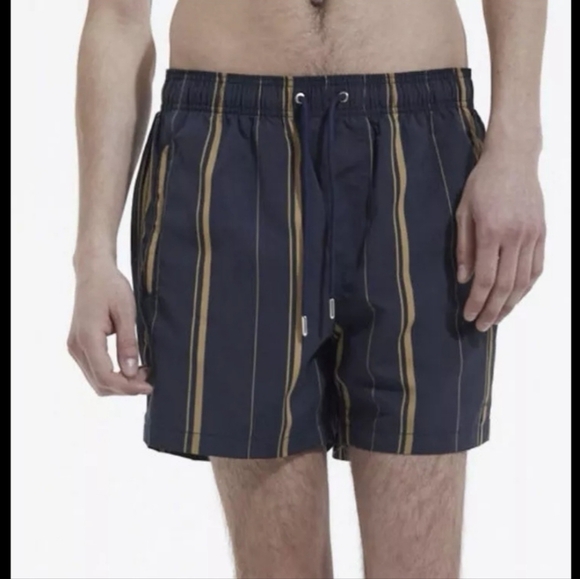 The Kooples Navy Blue & Gold Swim Trunks With Stripes & Zipper Pockets - Picture 5 of 12